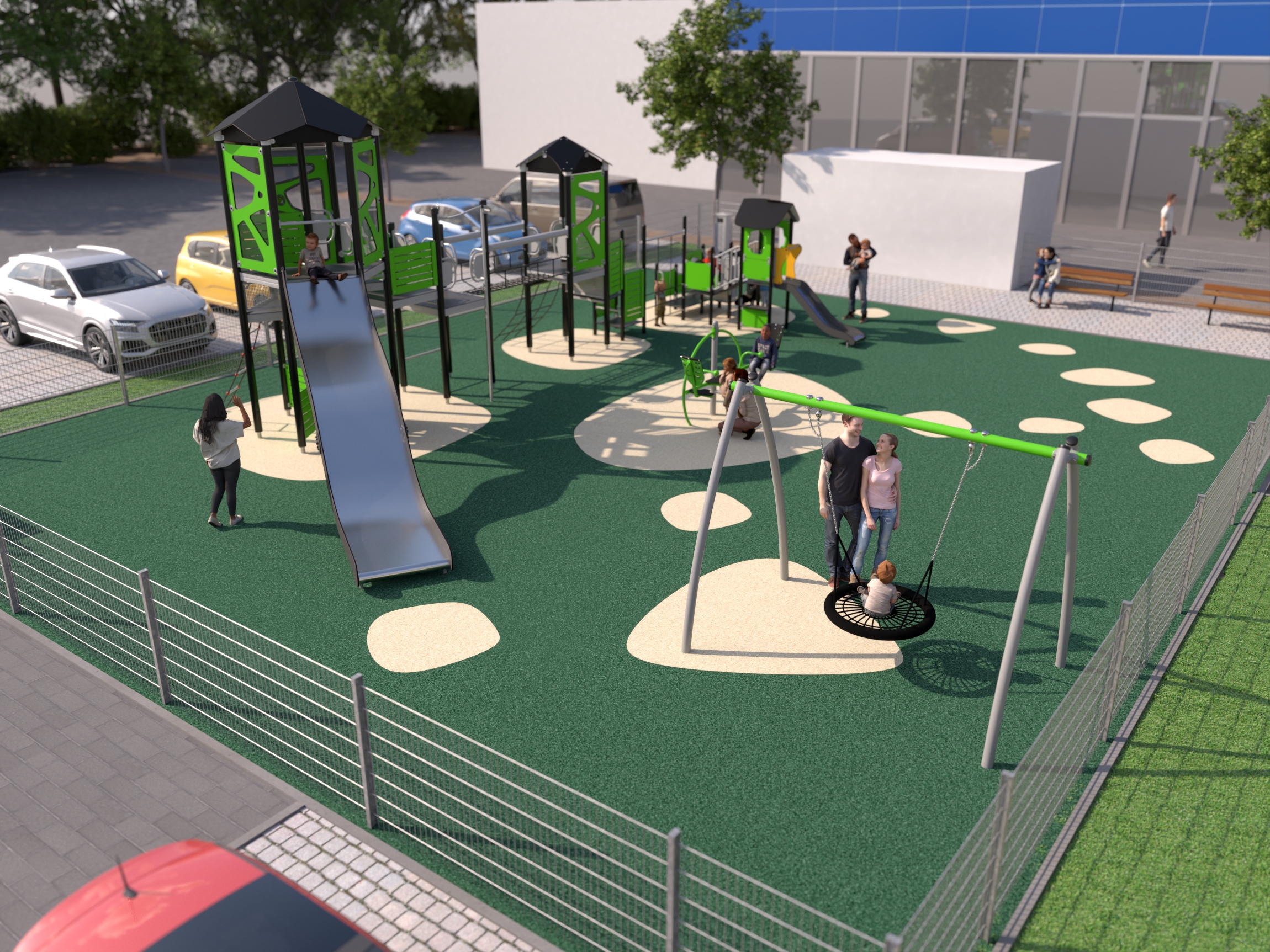 Render of custom playground area design, with two play towers linked with a bridge and other play features like an inclusive seesaw and basket swing.